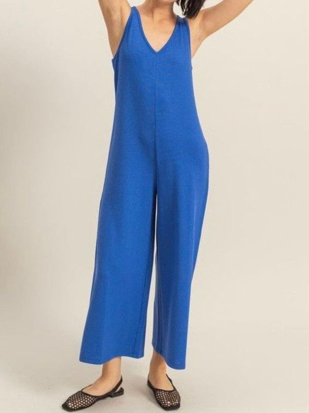Double Zero Women’s Royal Blue Linen Blend Sleeveless Jumpsuit Sz Large